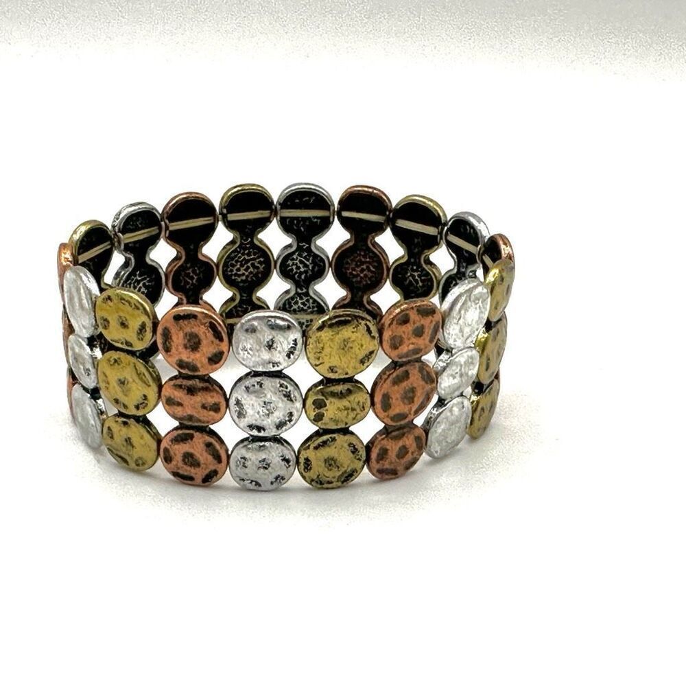 Tri metal stretchy wide circle bracelet